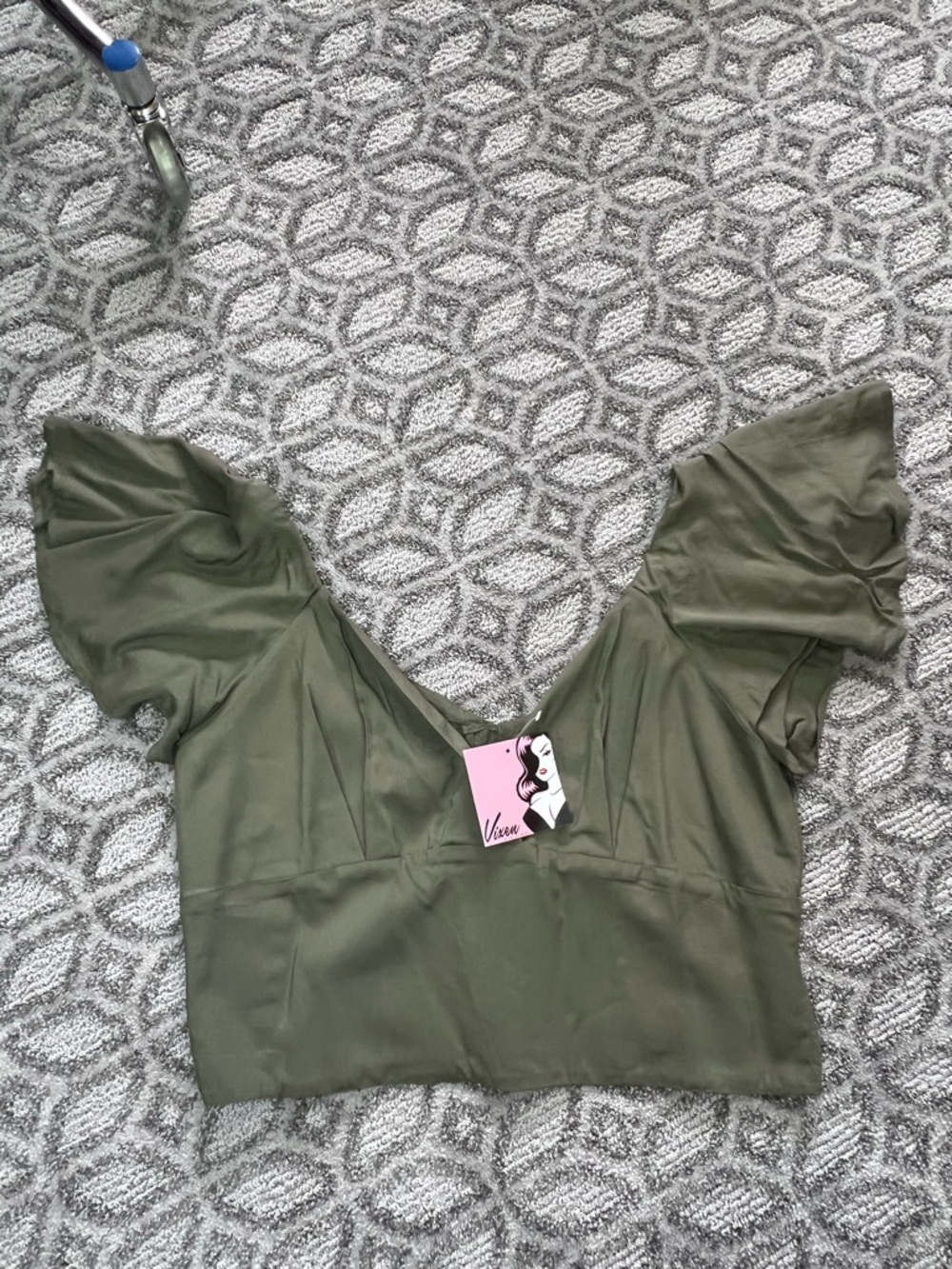 Vixen by Micheline Pitt Olive Green Puff Sleeve Crop Blouse